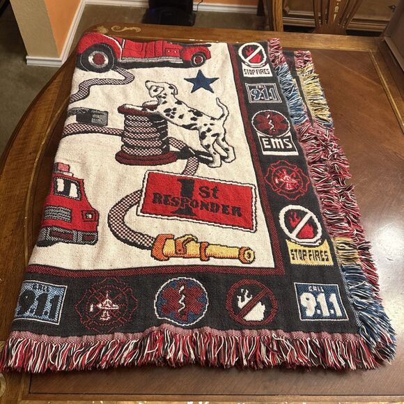 Fire Dept Throw Blanket InShades OfRed Green & Cream 68” X 44 “